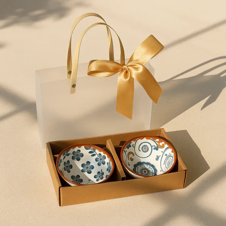 Japanese Style Ceramic Serving Bowls Set with Chopsticks - 2 Pieces Set