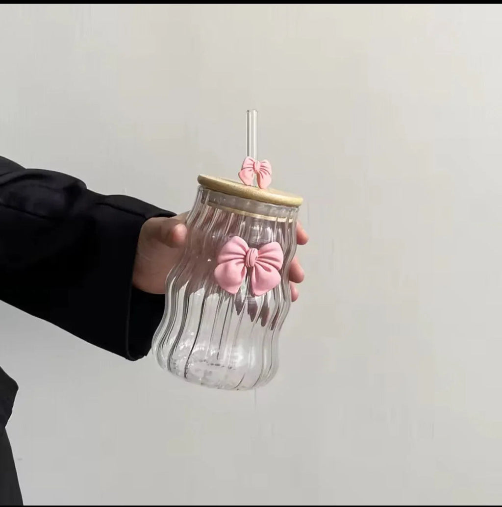 Bow Glass Water Cup with Straw – Cute Drinking Cup (400ml)