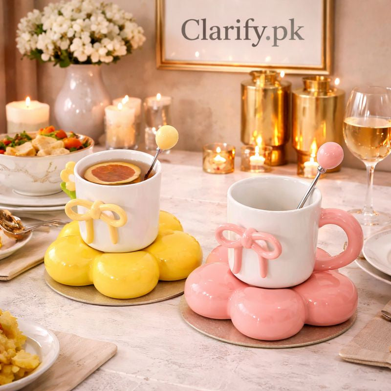 Aesthetic Ceramic Bow Mug Set - Trendy Coquette Coffee Cup Without Spoon (each)