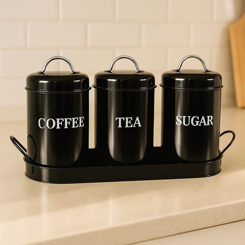 Vintage Retro Metal Kitchen Canister Set – Tea, Coffee, & Sugar Trio with Tray
