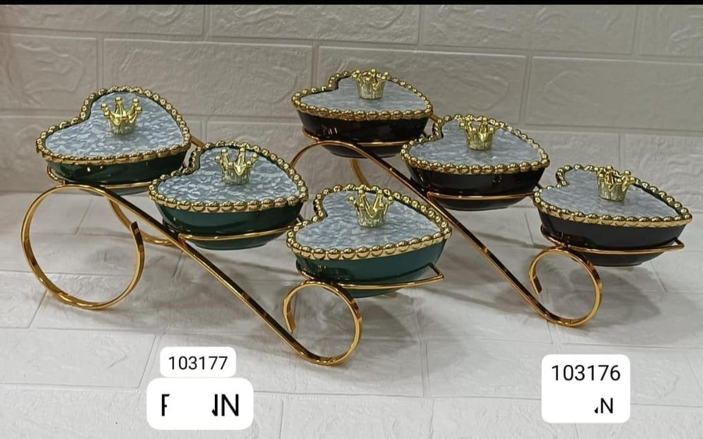 Premium Heart Ceramic Jar Set – Golden Stand with Crown Tops