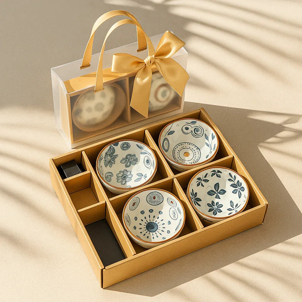 Japanese Style Ceramic Serving Bowls Set with Chopsticks - 4 Pieces Set