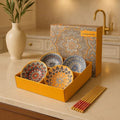 Japanese Ceramic Bowl Set of 4 with Chopsticks – Mandala Print