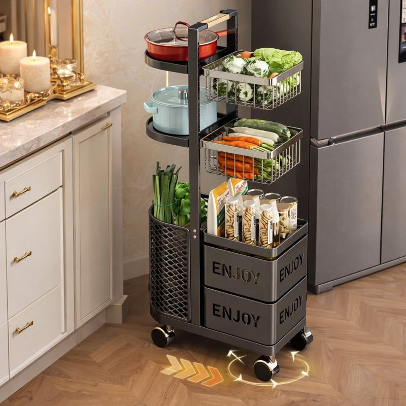 Multi-Functional Floor Standing Metal Kitchen Storage Trolley - Rolling Vegetable & Fruit Organizer with Drawer