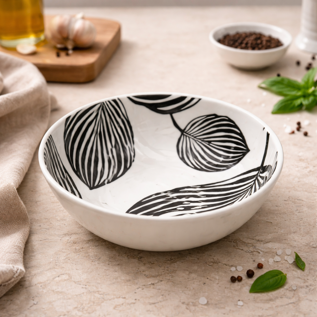 Danny Home's Modern Black & White Leaf Pattern Ceramic Dinnerware – Dessert Plate, Deep Plate, Salad Bowl & Bowl