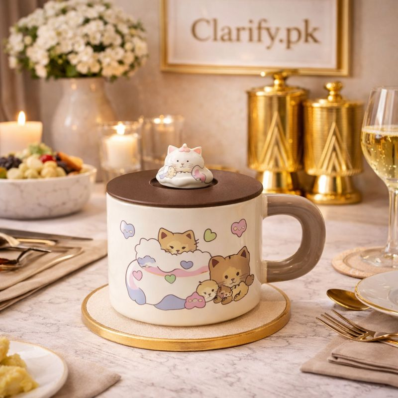Cute Cat Printed Ceramic Mug - Heat-Saving Lid Coffee Cup