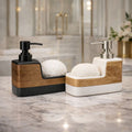Modern Ceramic Soap Dispenser – Wood-Textured Finish with Integrated Sponge Holder