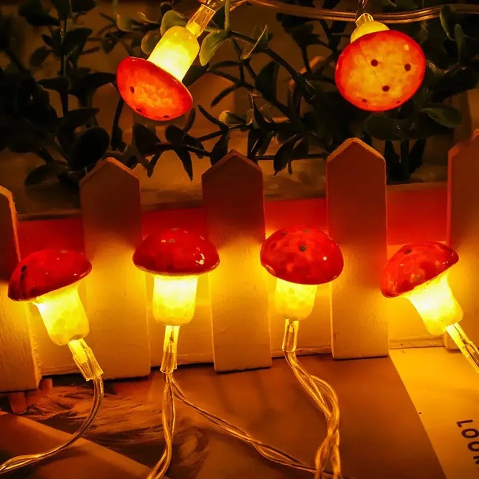 Set Of 10 3D Mushroom String Lights - Decorative LED Glow