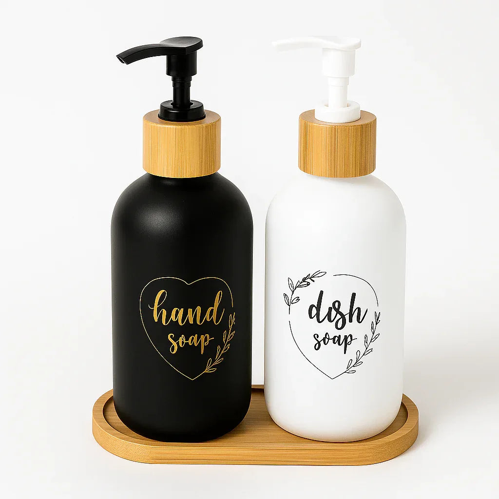 Luxury Bathroom Soap Dispenser Set with Bamboo Tray