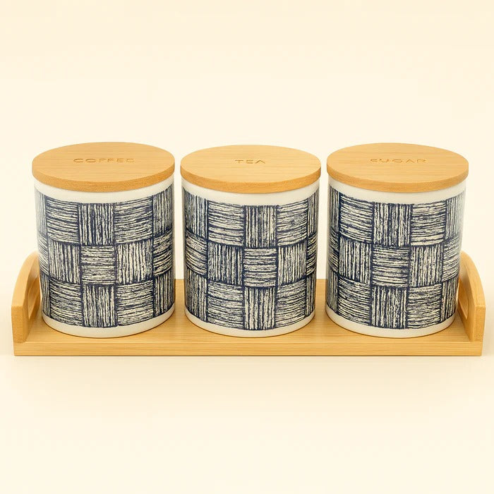 Premium 3-Piece Ceramic Jar Set with Bamboo Tray & Lids
