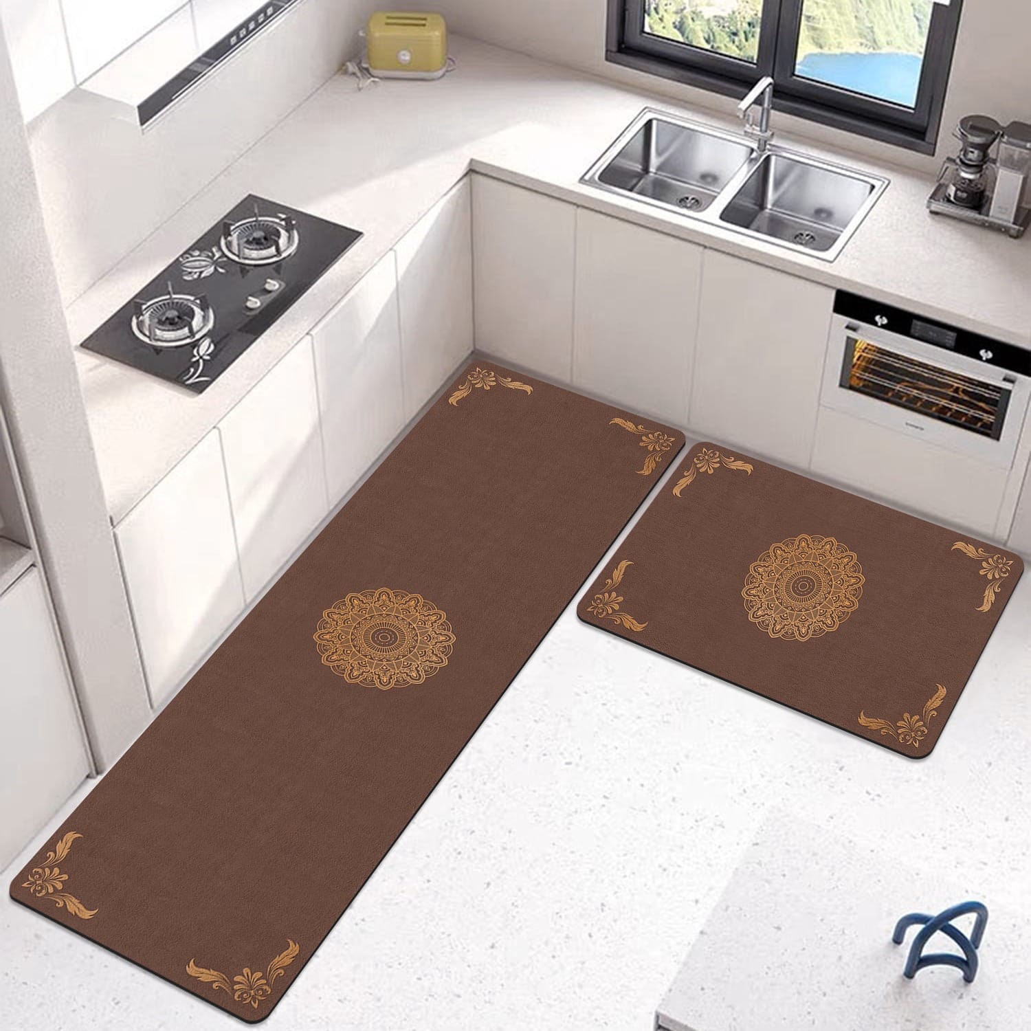 Abstract Gold-Arc Napa Leather Anti-Slip Runner Set (2 Pcs)