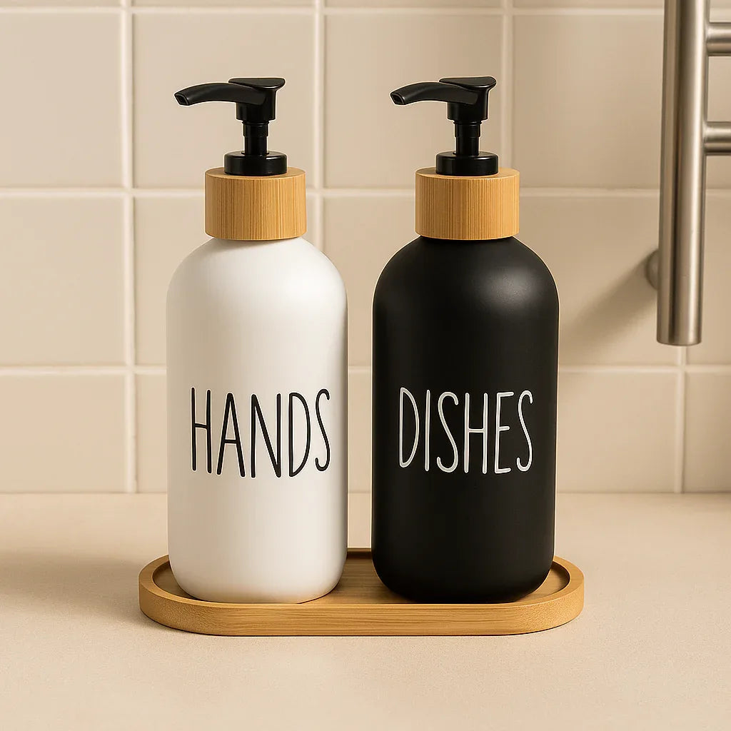 Modern Hand & Dish Soap Dispenser Set with Wooden Base