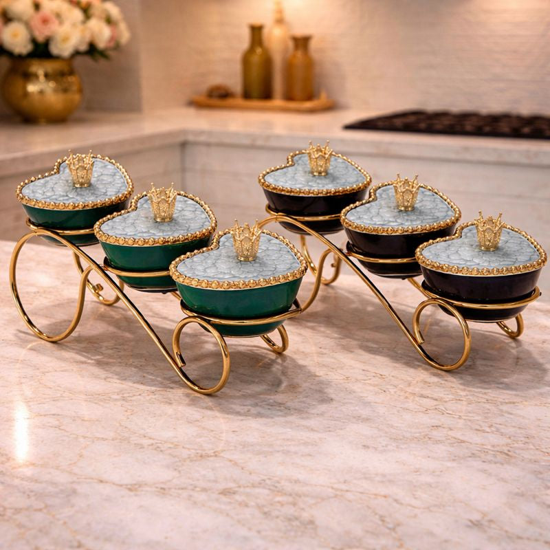 3-Tier Luxury Heart Serving Set – Fancy Marbled Jars with Golden Scroll Stand (Random color)