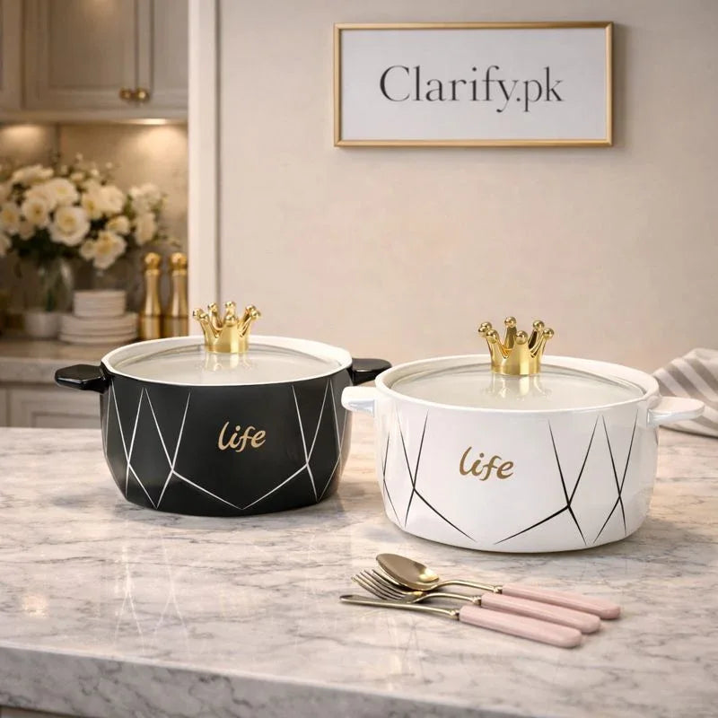 Ceramic Cooking Bowl 1200ml with Crown Lid Handle