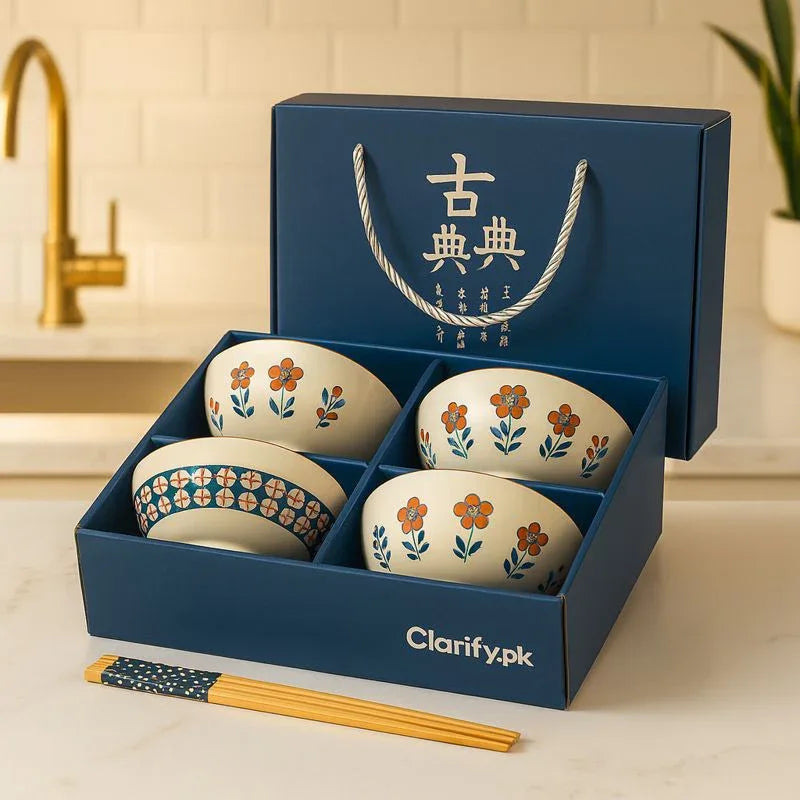 Japanese Ceramic Bowl Set of 4 with Chopsticks – Indigo Floral Print