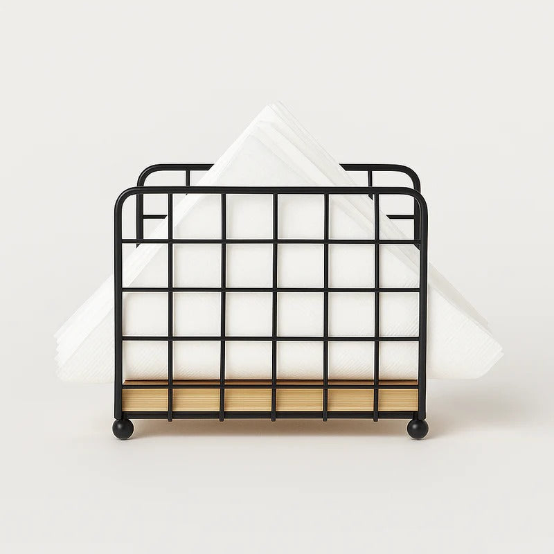 Modern Metallic & Oak Tissue Holder – Geometric Napkin Organizer
