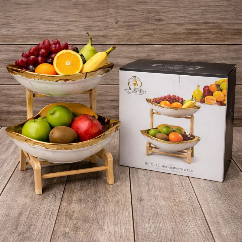 2-Tier Luxury Gold-Rimmed Ceramic Fruit Basket – Double Decker Serving Bowls with Sturdy Bamboo Rack