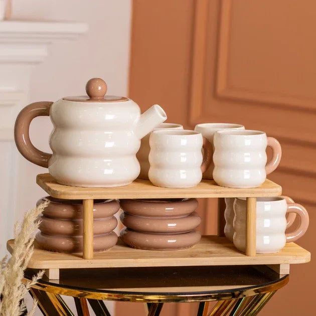 Premium Donut Style Ceramic Tea Set -  Wooden Stand (Gift Box)