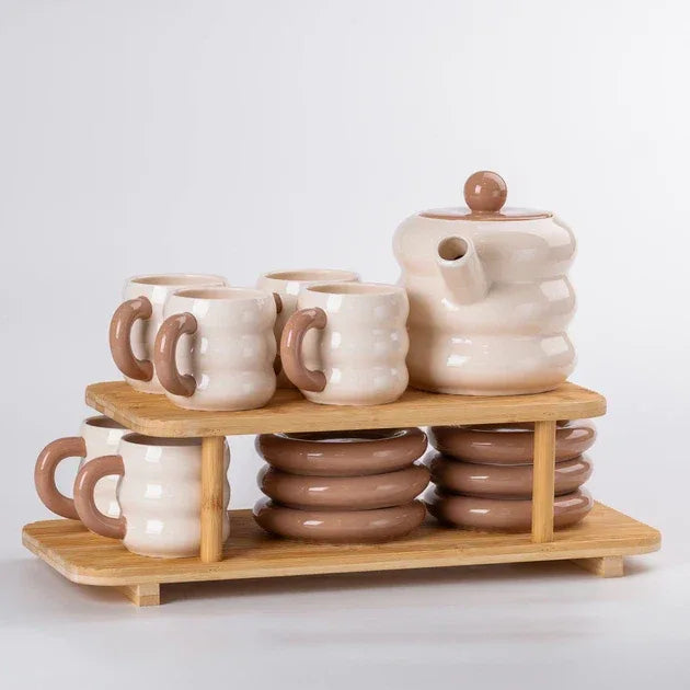 Premium Donut Style Ceramic Tea Set -  Wooden Stand (Gift Box)