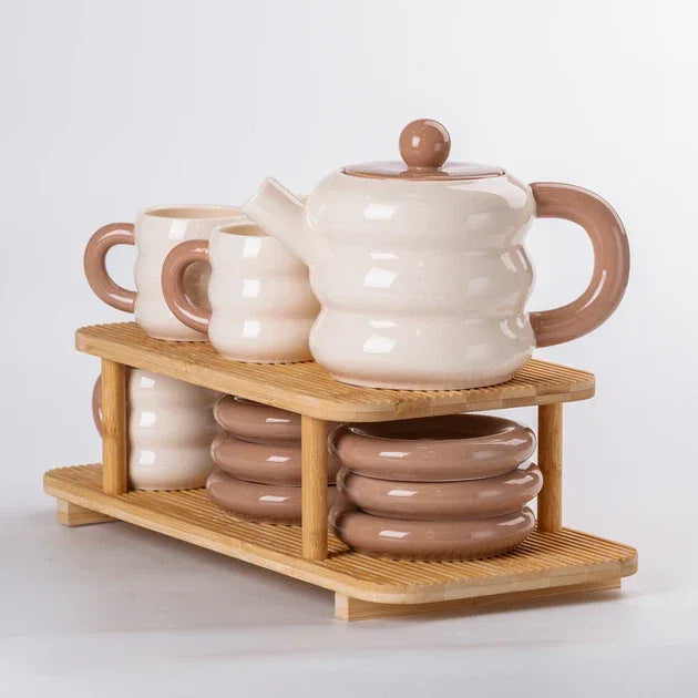 Premium Donut Style Ceramic Tea Set -  Wooden Stand (Gift Box)