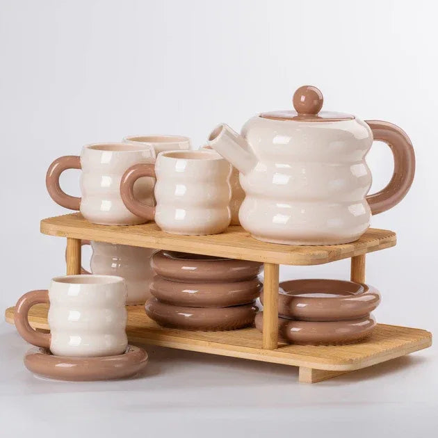 Premium Donut Style Ceramic Tea Set -  Wooden Stand (Gift Box)