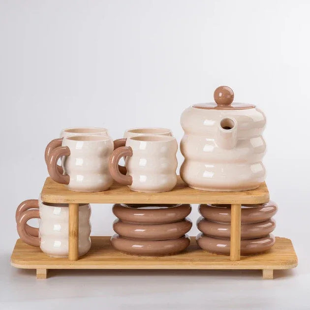 Premium Donut Style Ceramic Tea Set -  Wooden Stand (Gift Box)