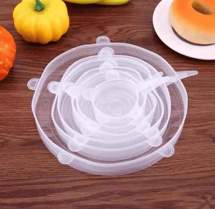 Pack of 6 Transparent Round Silicone Stretch Lids for Food Storage, Reusable and Durable Covers for Bowls, Cups, and Cans