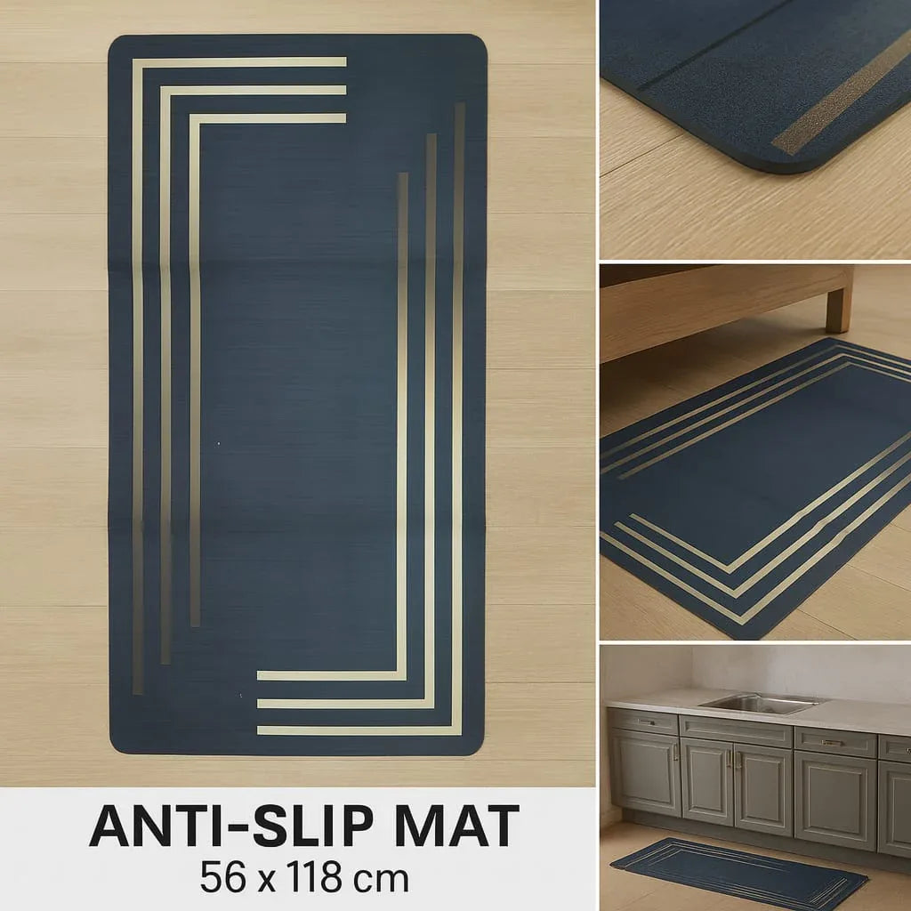 Anti-Slip Rubber Mat – Navy Blue & Gold Line Design (56 x 118 cm)