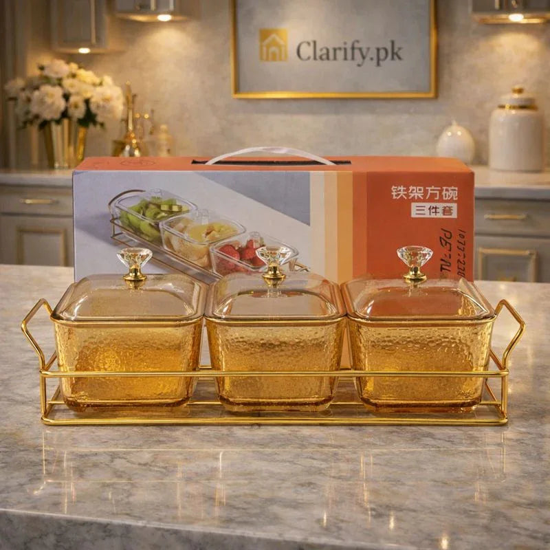 Glass Serving Bowls with Gold Frame – 3 Compartment