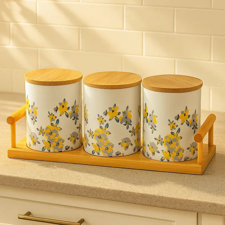 Floral Ceramic Canisters with Bamboo Base – Set of 3