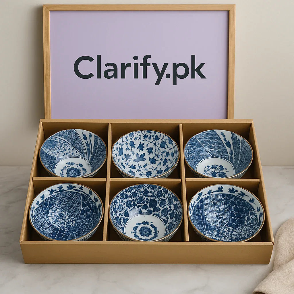 6-Piece Ceramic Bowl Set – Royal Blue Vintage Pattern Collection