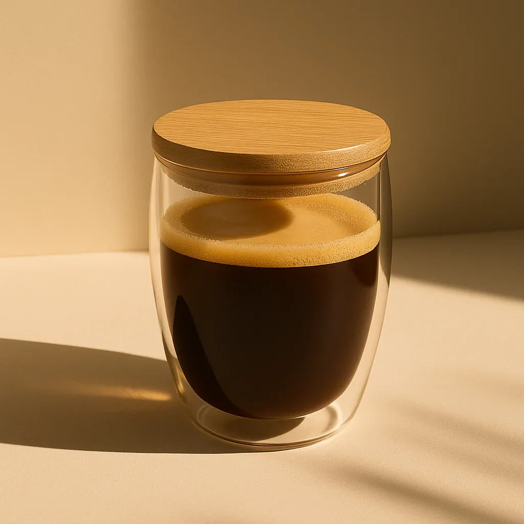 Double-Walled Glass Coffee Cup with Wooden Lid – Premium