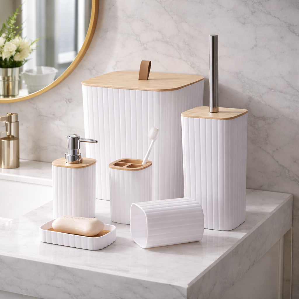 6-Piece Modern Bathroom Set – ABS with Natural Wood Accents