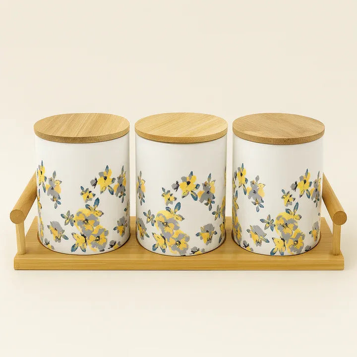 Floral Ceramic Canisters with Bamboo Base – Set of 3