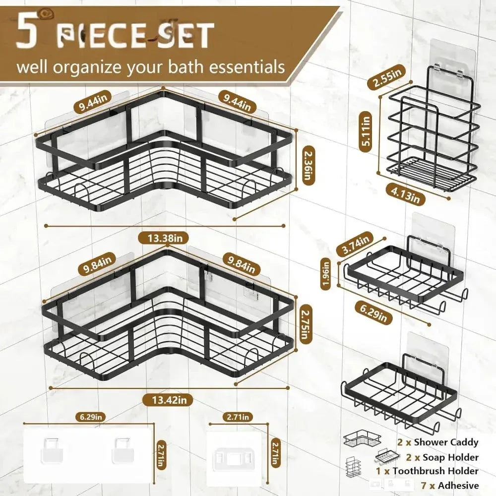 Rustproof 5-Piece Black Bathroom Shelf Set – Wall Mounted
