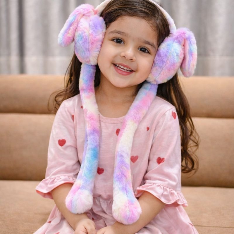 New Style Plush Earmuffs with Moving Bunny Ears - Fluffy Multi-Color Winter Headband
