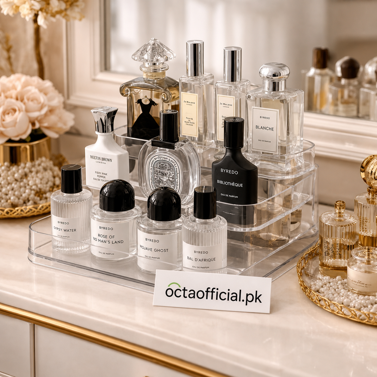 3-Tier Desktop Perfume Organizer and Tray - Luxury Cosmetic Storage Rack