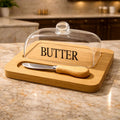 Elegant Glass Butter Dish with Bamboo Base & Knife