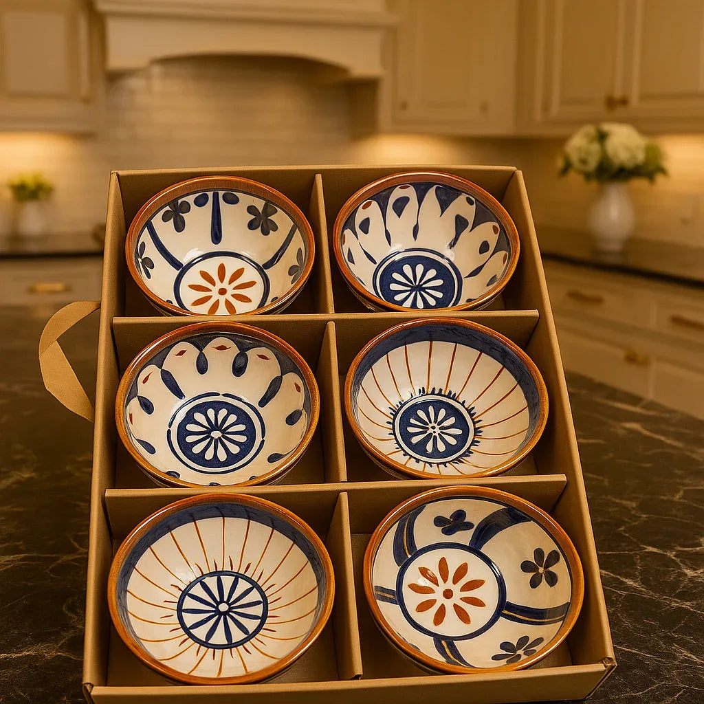 Premium 6 Pcs Ceramic Bowl Set – Blue & Terracotta Art Design