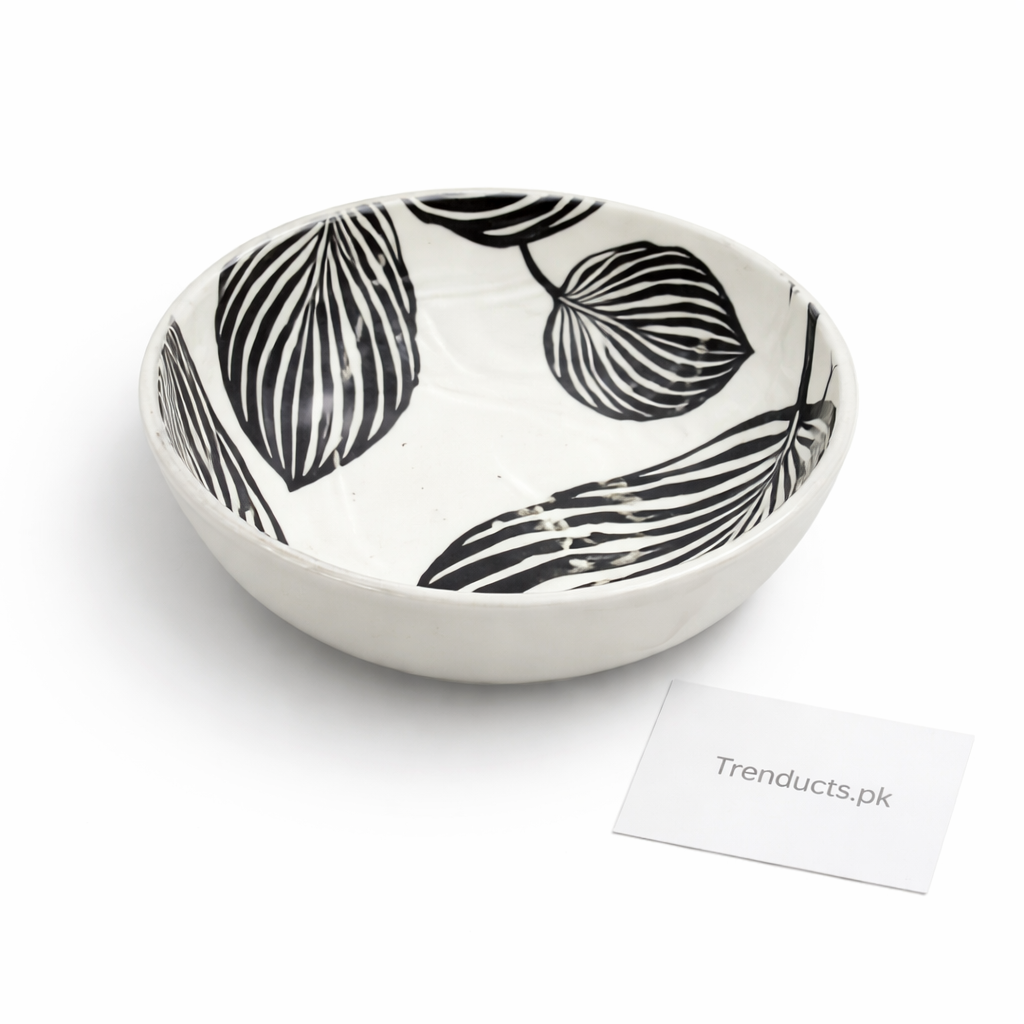 Danny Home's Modern Black & White Leaf Pattern Ceramic Dinnerware – Dessert Plate, Deep Plate, Salad Bowl & Bowl