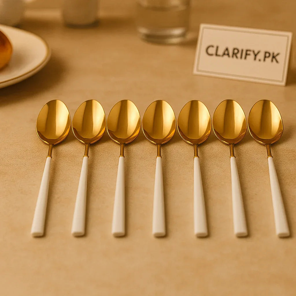 6-Piece Gold Dessert Spoon Collection – White Handle Elegant Cutlery