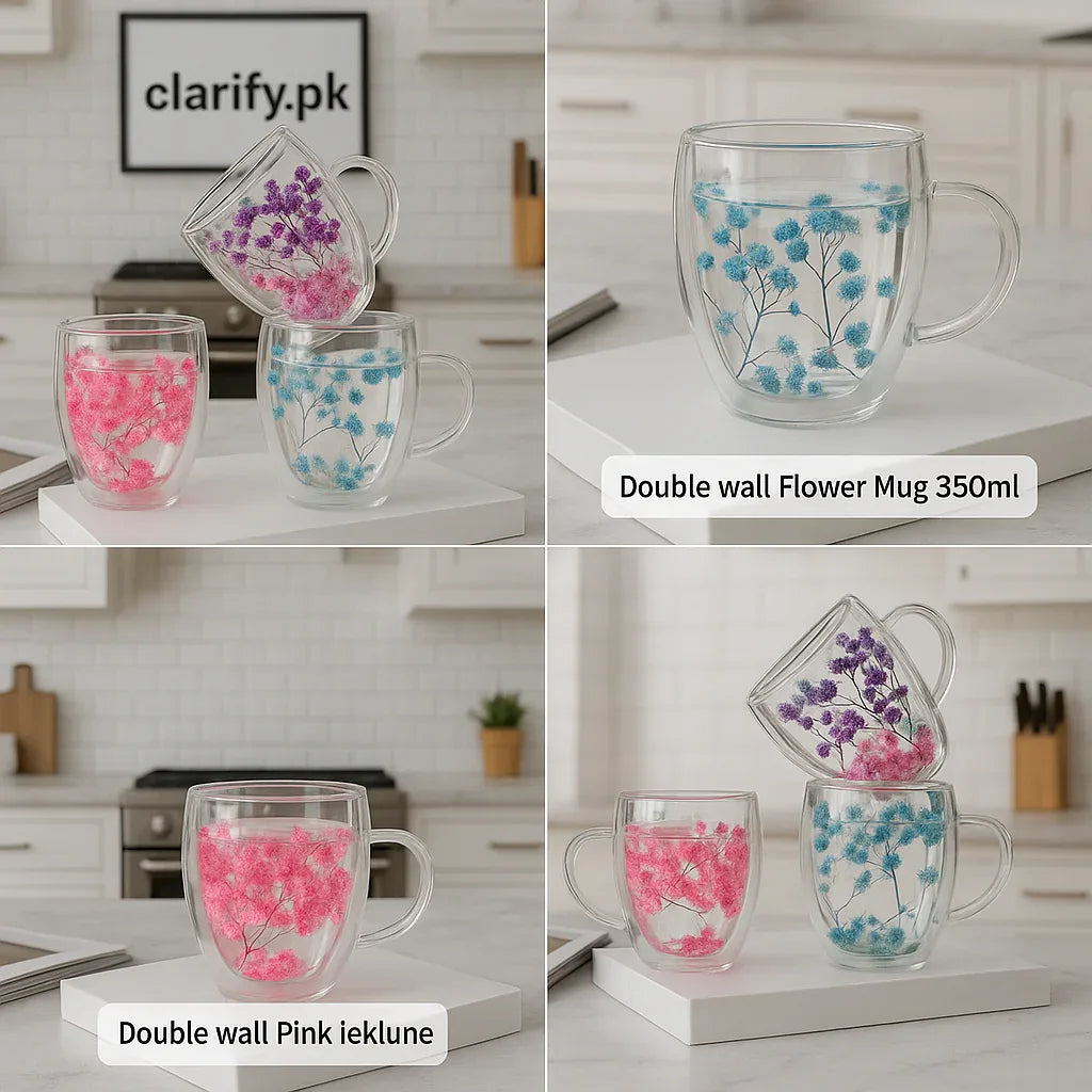 Double Wall Flower Mug 350ml – Insulated Glass Coffee Cup (Random)