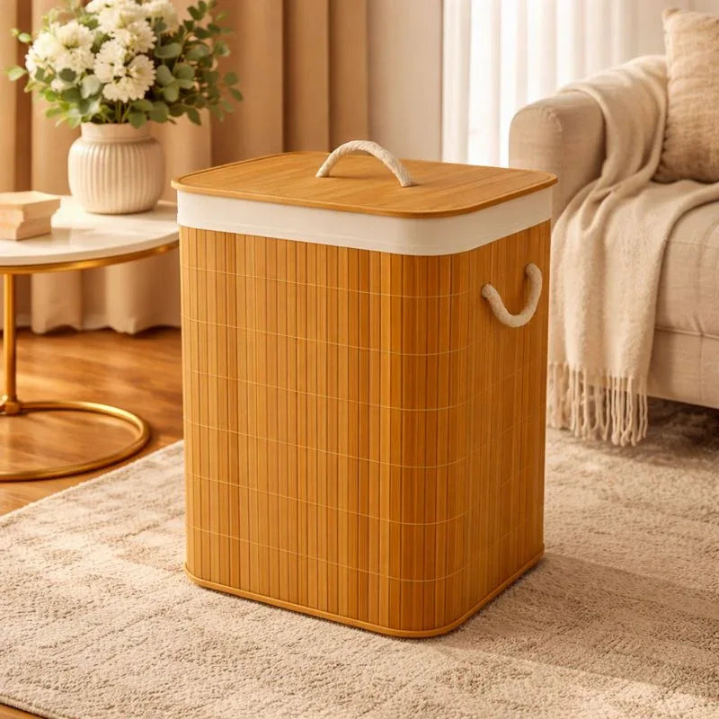 Luxury Bamboo Laundry Basket with Lid & Rope Handles