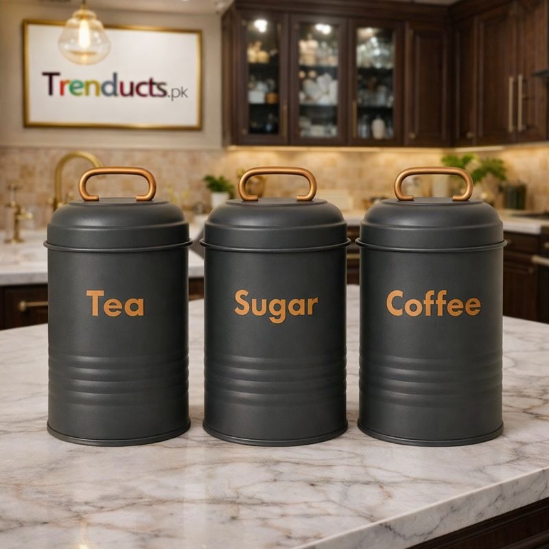 Vintage Metal Canister Set – 3-Piece Embossed Coffee, Tea, & Sugar Jars