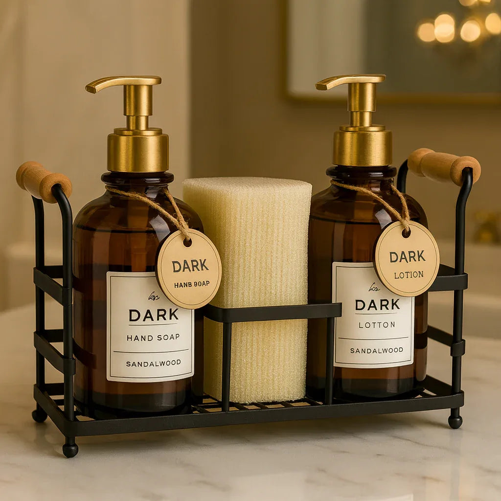 Amber Soap & Lotion Dispenser Set with Gold Caddy – Elegant Refillable Organizer