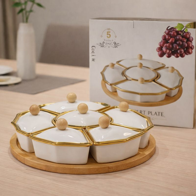 Luxury 5-Compartment Ceramic Dessert Plate Set - Gold Rim with Wooden Base