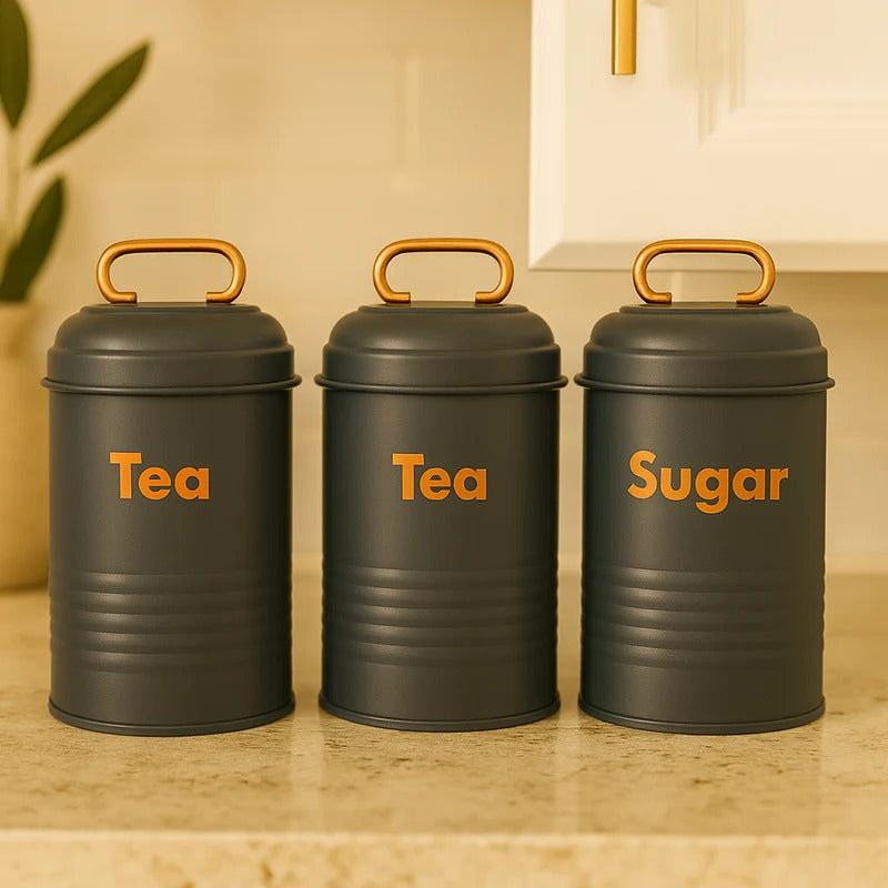 Vintage Metal Canister Set – 3-Piece Embossed Coffee, Tea, & Sugar Jars