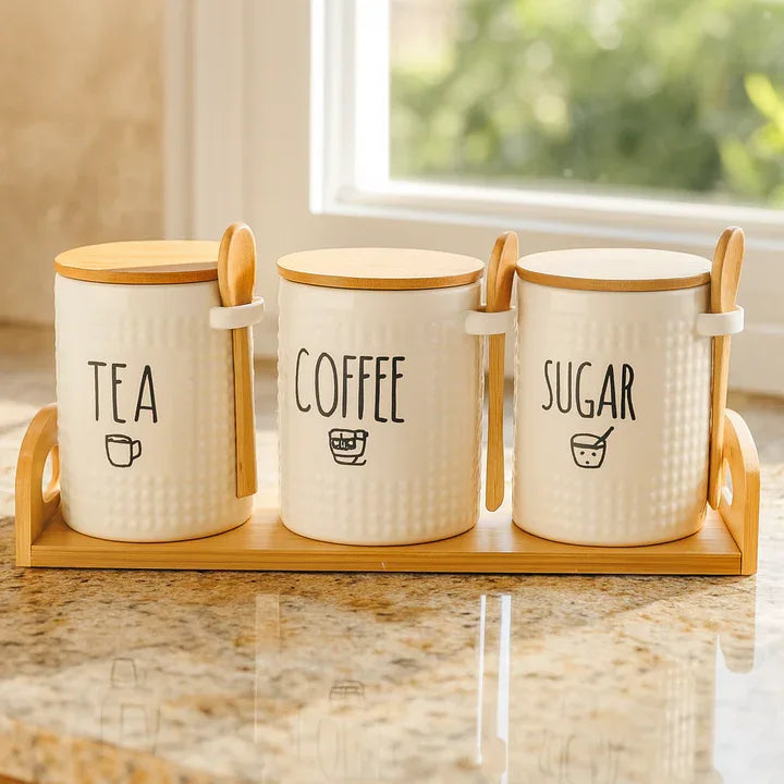 Minimal Ceramic Tea Coffee Sugar Jars Set with Stand