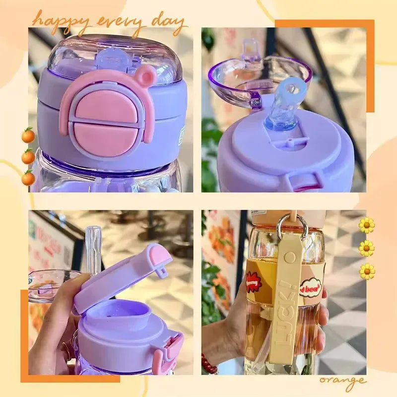 600ml Kids Water Bottle with Straw - Cute Dinosaur & Unicorn