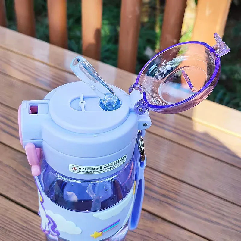 600ml Kids Water Bottle with Straw - Cute Dinosaur & Unicorn